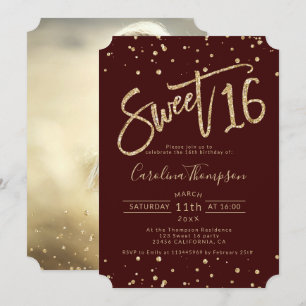Chic gold Glitzer Konfetti Bordeaux Süß 16 Foto Einladung