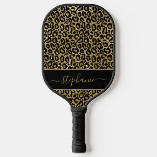 Chic Gold Glitzer Leopard Animal Print Monogram Pickleball Schläger