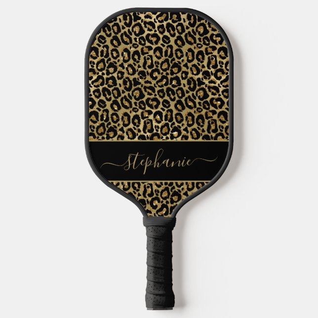 Chic Gold Glitzer Leopard Animal Print Monogram Pickleball Schläger (Vorderseite)