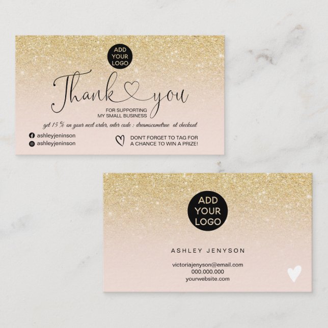 Chic gold Glitzer Logo rot pink Reihenfolge danke Visitenkarte (Vorne/Hinten)