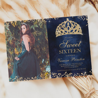 Chic gold Glitzer Marineblau Foto Tiara Sweet 16 Einladung