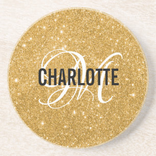 Chic gold Glitzer Monogramm Name Getränkeuntersetzer