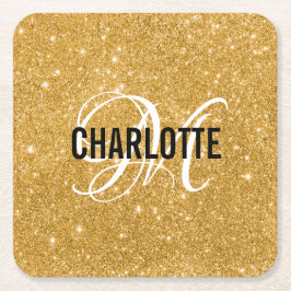 Chic gold Glitzer Monogramm Name Rechteckiger Pappuntersetzer
