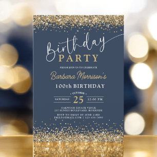 Chic Gold Glitzer Navy Blue Geburtstag jedes Alter Einladung