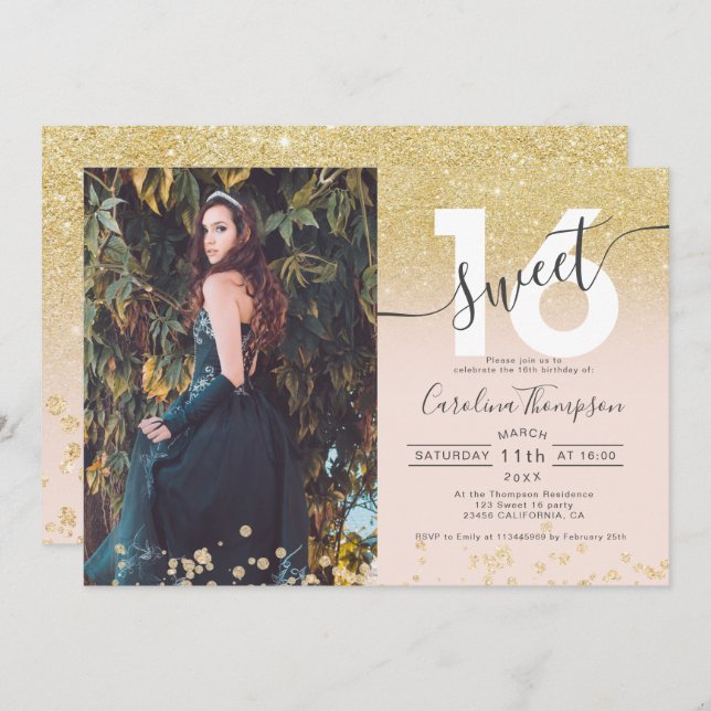 Chic gold Glitzer ombre Foto rot Sweet 16 Einladung (Vorne/Hinten)