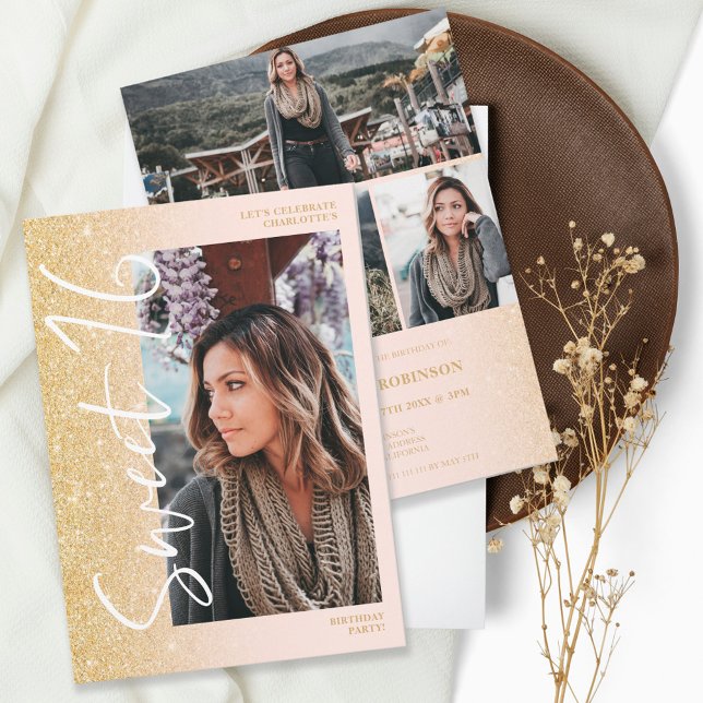 Chic gold Glitzer ombre Skript 4 Fotos Sweet 16 Einladung (Von Creator hochgeladen)