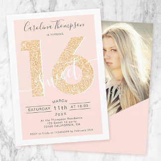 Chic gold Glitzer Rosa Sweet 16 Foto Einladung