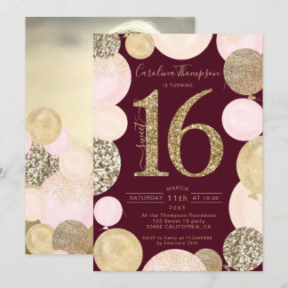 Chic gold Glitzer Roter Ballon Sweet 16 Foto Einladung