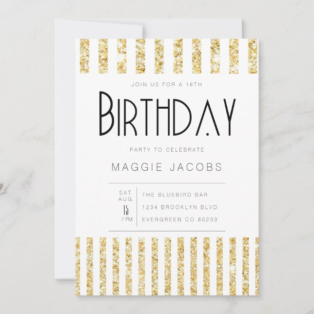 Chic Gold Glitzer Stripes Geburtstagsparty Einladung (Vorderseite)