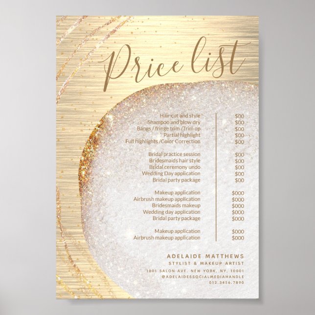 Chic Gold Glitzer Stylist Salon Preisliste Service Poster (Vorne)