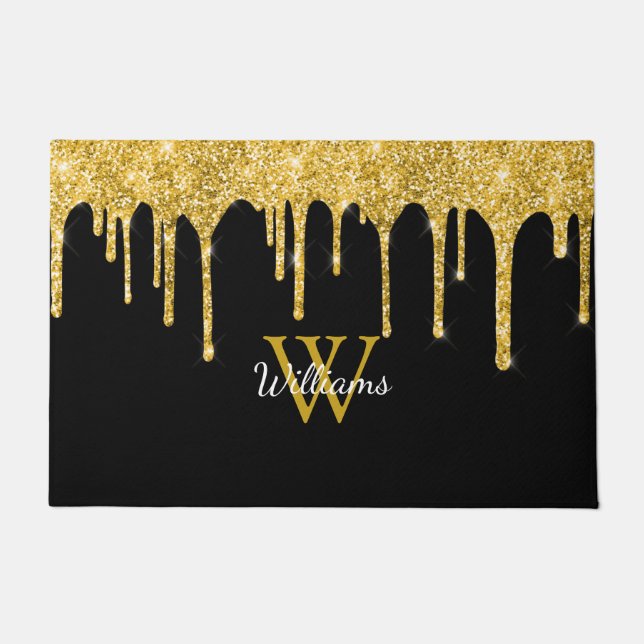 Chic Gold Glitzer Tropfen Monogram Name Black Fußmatte (Vorderseite)