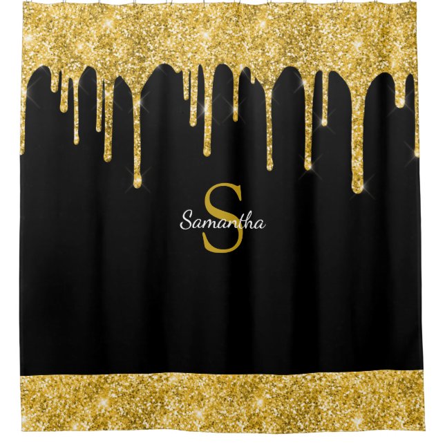 Chic Gold Glitzer Tropfen Sparkle Black Monogram N Duschvorhang (Vorderseite)