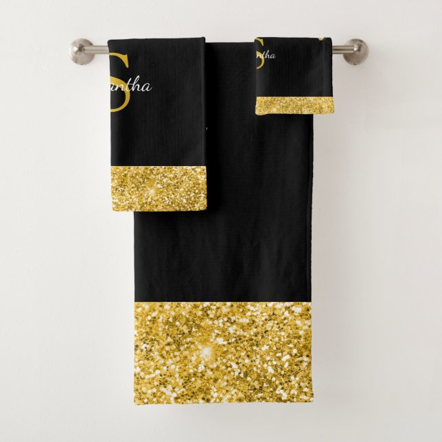 Chic Gold Glitzer Tropfen Sparkor Black Monogram Badhandtuch Set (Insitu)