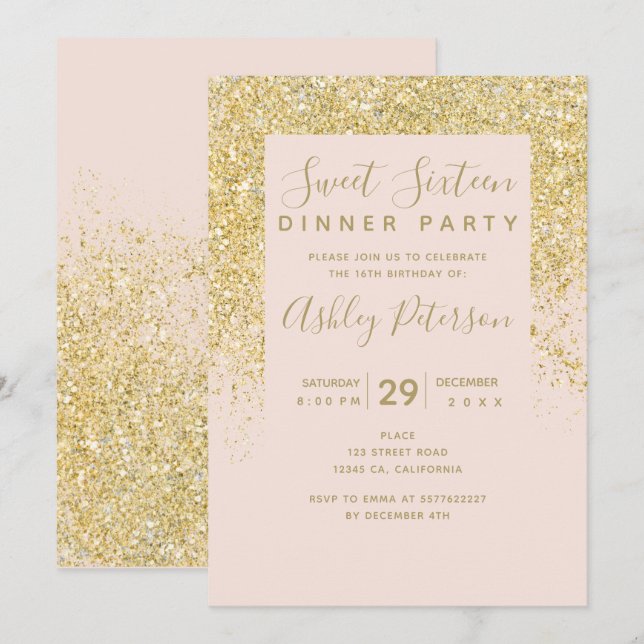 Chic gold Glitzer typografisch rot Rosa Sweet 16 Einladung (Vorne/Hinten)