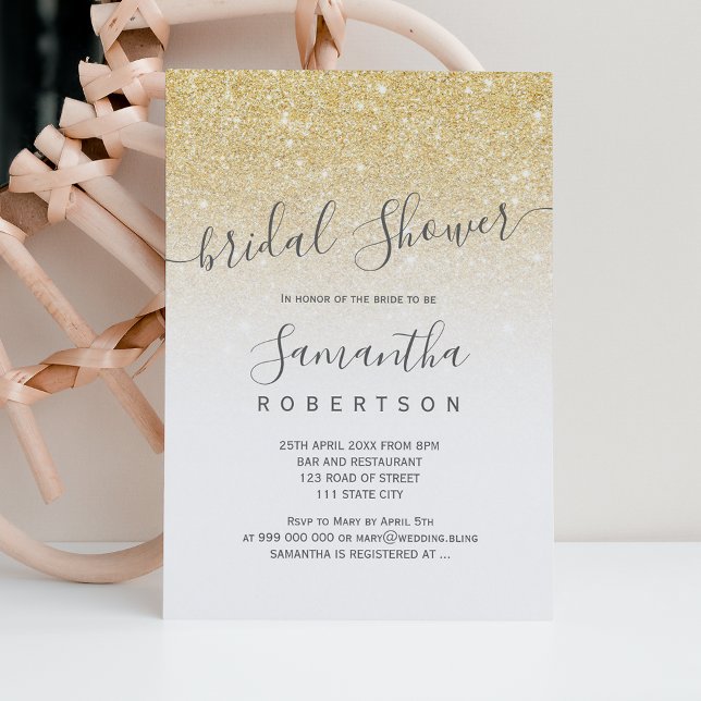 Chic Gold Glitzer White Script Brautparty Einladung (Von Creator hochgeladen)