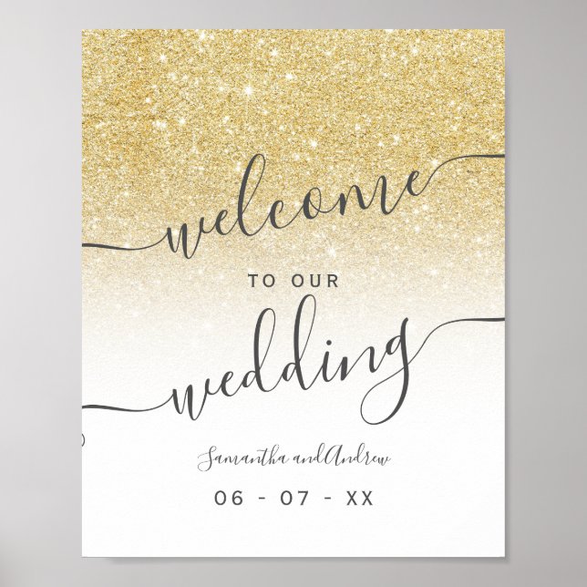Chic Gold Glitzer White Script willkommen Hochzeit Poster (Vorne)
