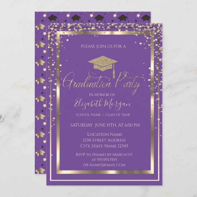 Chic Gold Graduation Cap Violet Abschluss Einladung (Vorne/Hinten)