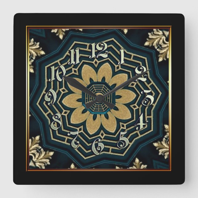 Chic Gold & Green Asian Style 2 Quadratische Wanduhr (Vorderseite)