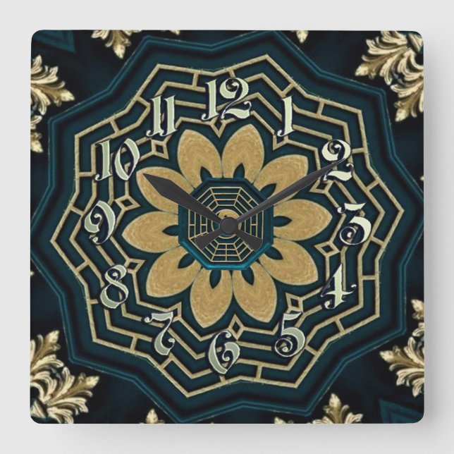 Chic Gold & Green Asian Style Quadratische Wanduhr (Vorderseite)