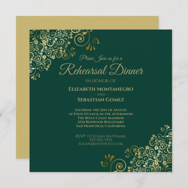 Chic Gold & Green Wedding Probe Dinner Square Einladung (Vorne/Hinten)