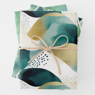Chic Gold Green White Abstrakt Geschenkpapier Set