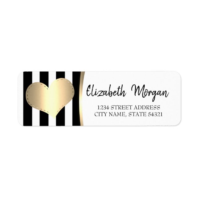 Chic Gold Heart, Black Stripes Address Label (Vorne)