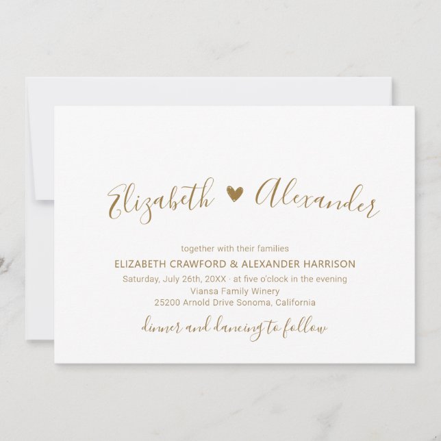 Chic Gold Heart Script All in One QR Code Wedding Einladung (Vorderseite)