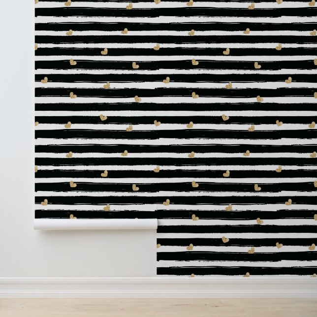 Chic Gold Hearts Black Lines Room Tapete (Anwendung)