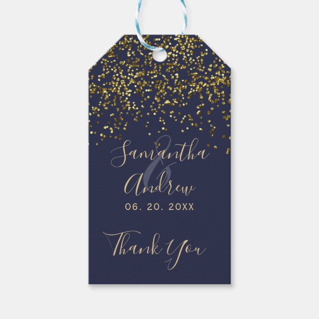 Chic gold Konfetti Marine Blue Script Gastgeschenk Geschenkanhänger (Vorderseite)