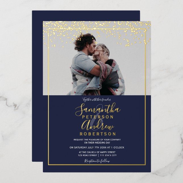 Chic gold Konfetti Marine Typografie Foto Hochzeit Folieneinladung (Vorderseite/Rückseite)