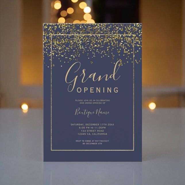 Chic gold Konfetti Marine Typografie große Öffnung Einladung (Chic gold confetti navy typography grand opening invitation)