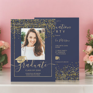 Chic gold Konfetti marineblaue Typografie Abschlus Einladung