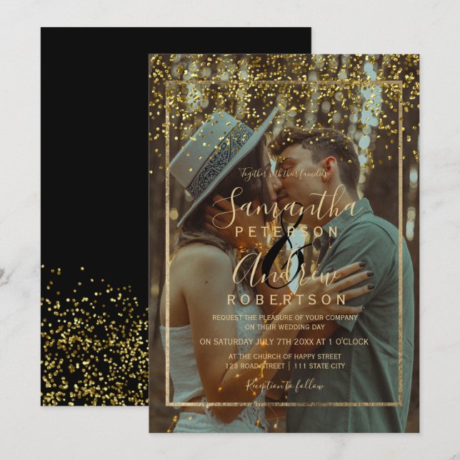 Chic gold Konfetti Typografie Foto Hochzeit Einladung (Vorne/Hinten)