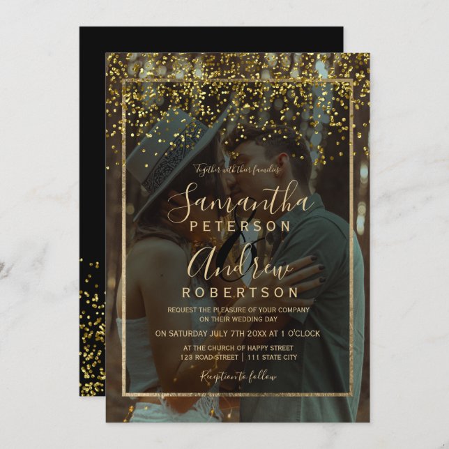 Chic gold Konfetti Typografie Foto Hochzeit Einladung (Vorne/Hinten)