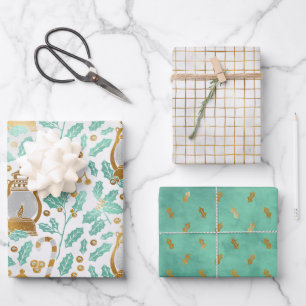 Chic Gold Lanterns & Holly Wrapping Paper Sheets Geschenkpapier Set
