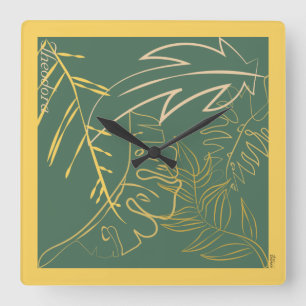 Chic Gold Leaf Grüner Hintergrund Quadratische Wanduhr