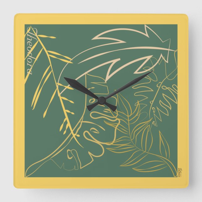 Chic Gold Leaf Grüner Hintergrund Quadratische Wanduhr (Vorderseite)