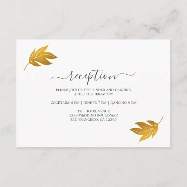 Chic Gold Leaf Minimal Hochzeitsempfang Begleitkarte (Vorderseite)