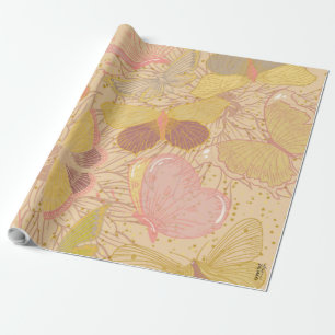 Chic Gold Leaf und Butterfly Rosa Hintergrund Geschenkpapier