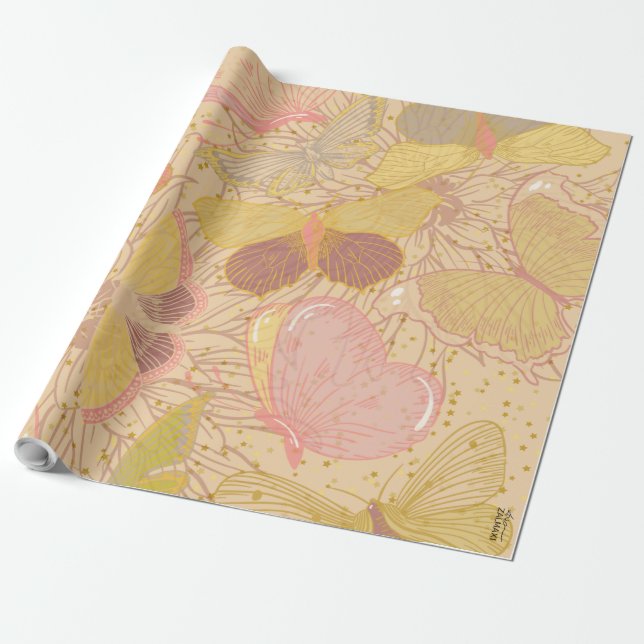Chic Gold Leaf und Butterfly Rosa Hintergrund Geschenkpapier (Ungerollt)