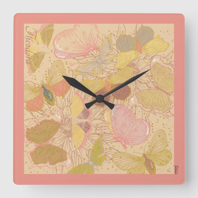 Chic Gold Leaf und Butterfly Rosa Hintergrund Quadratische Wanduhr (Vorderseite)