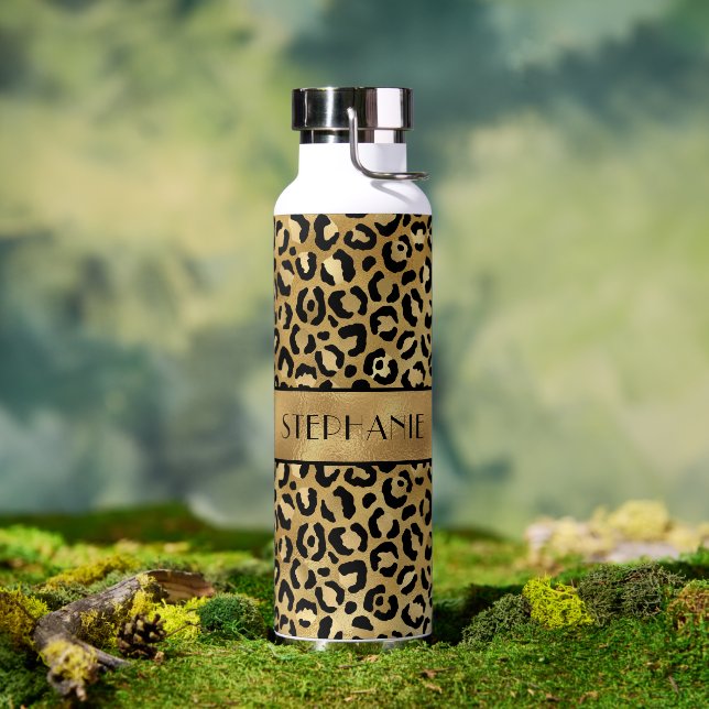 Chic Gold Leopard Print Personalisiert Trinkflasche (Außenbereich)