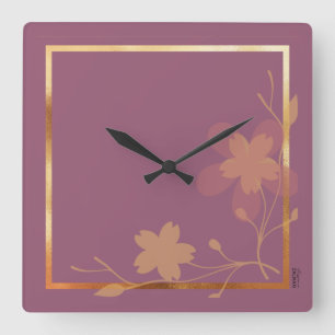 Chic Gold Lila Abstrakte Blumenrahmen Quadratische Wanduhr