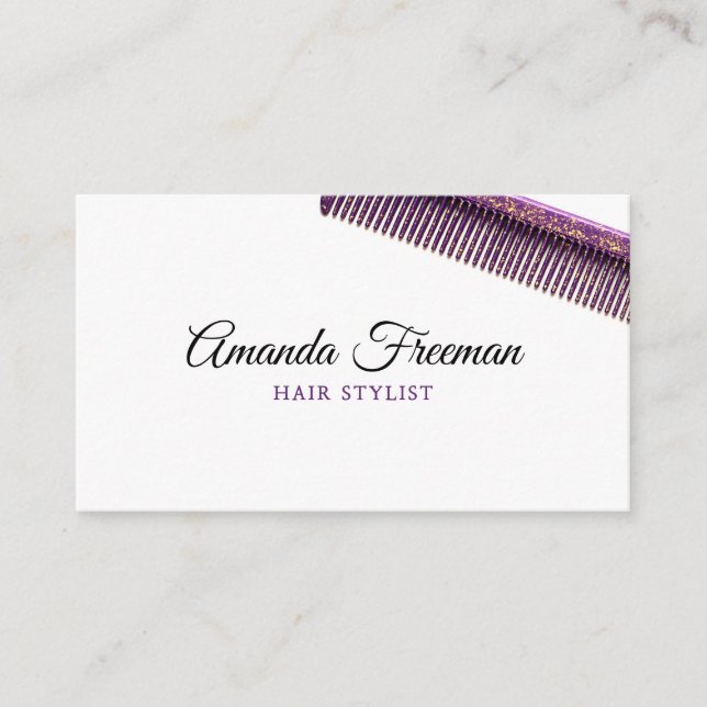 Chic Gold & Lila Comb Hair Stylist Visitenkarte (Vorderseite)