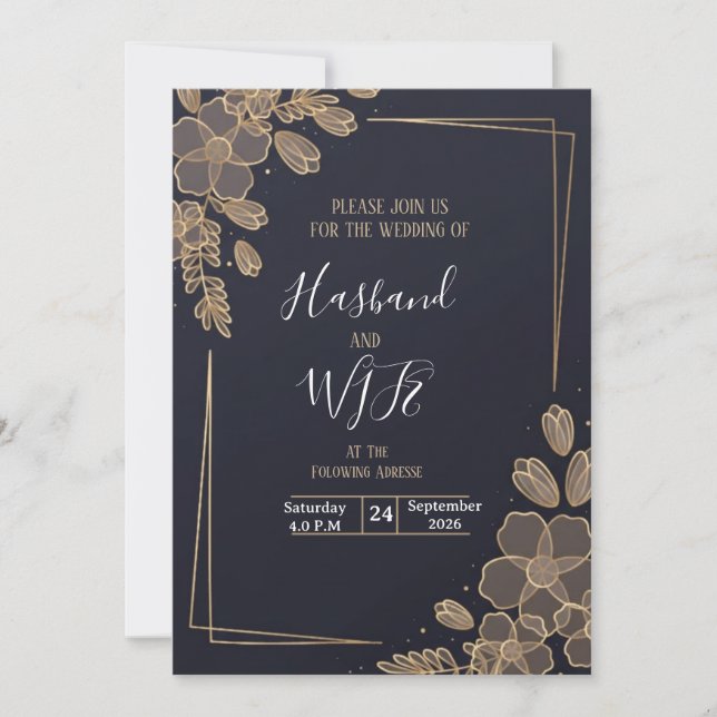 Chic Gold Line Art Blumen  Einladung (Vorderseite)