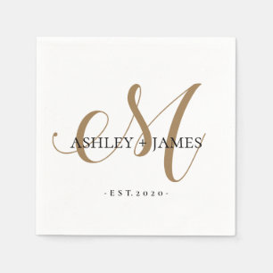 Chic Gold M Monogram Script Name Wedding Date Serviette