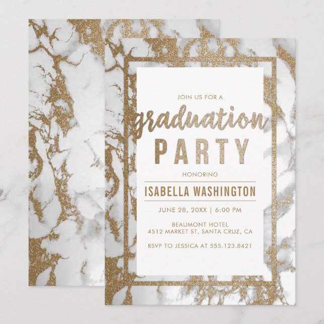 Chic Gold & Marble Typografy Graduation Party Einladung (Vorne/Hinten)
