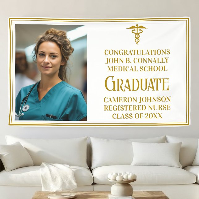 Chic Gold Medical School Foto Graduation Party Banner (Von Creator hochgeladen)