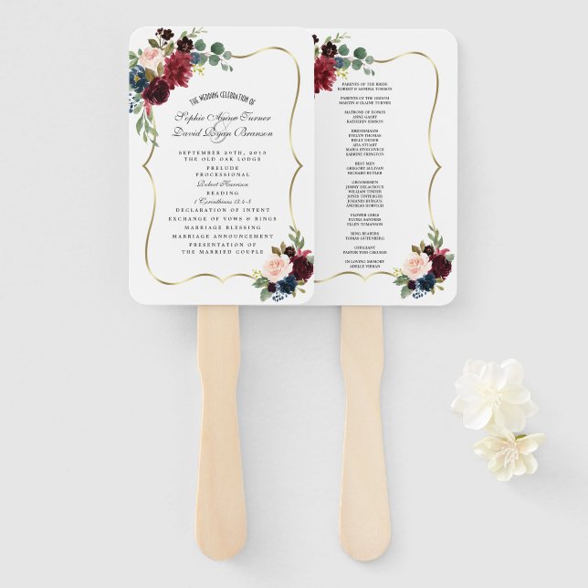 Chic Gold Merlot Navy Blue Floral Wedding Programm Fächer (Vorne und Hinten)