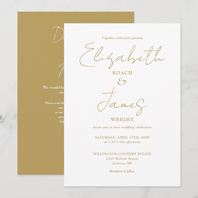 Chic Gold Minimalistisch Elegante QR Code Hochzeit Einladung (Vorne/Hinten)